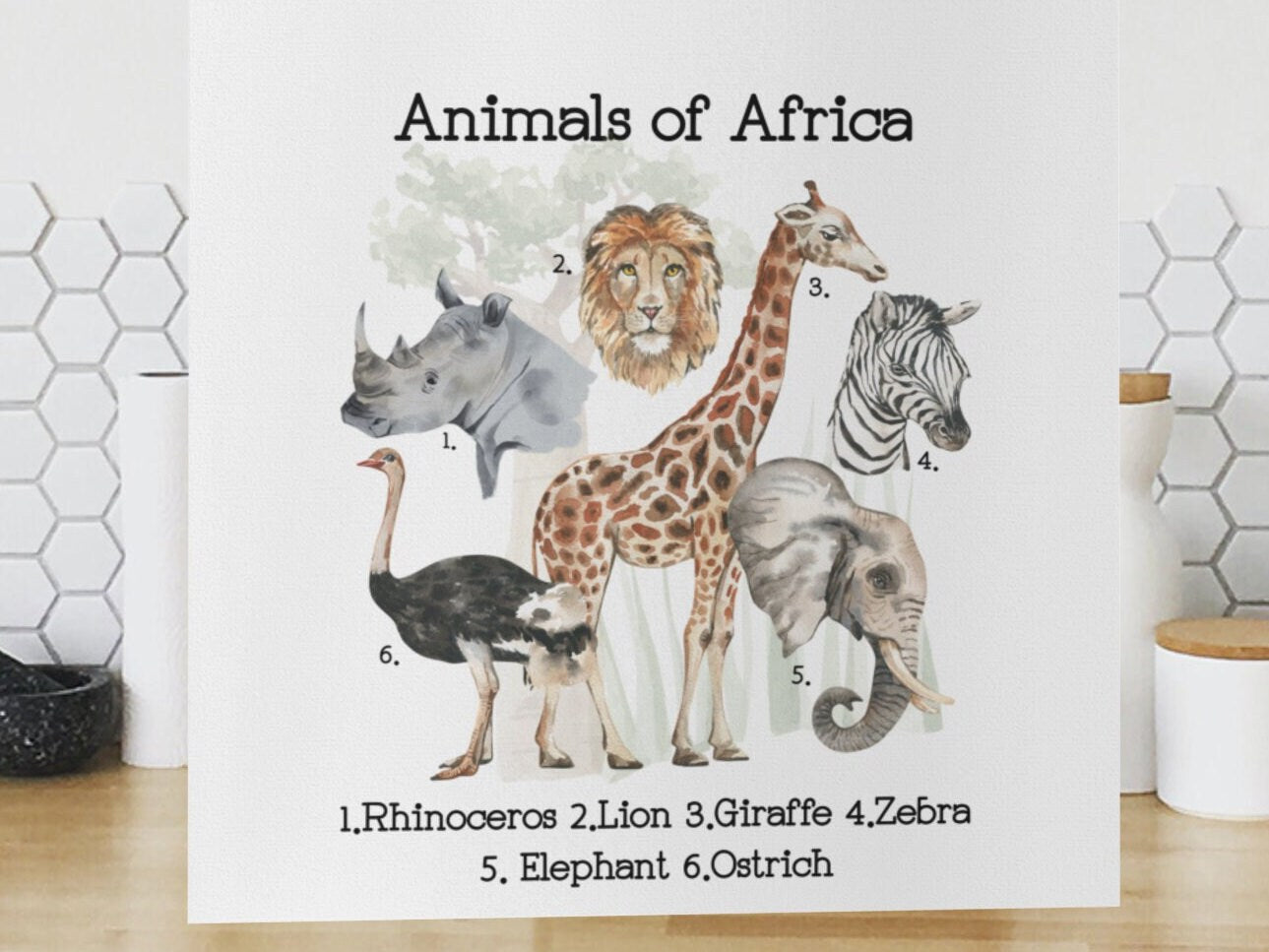 African Animals Tea Kitchen Bar towel Rhinoceros Lion Giraffe Zebra Elephant Ostrich Housewarming Mother’s Day Birthday gift