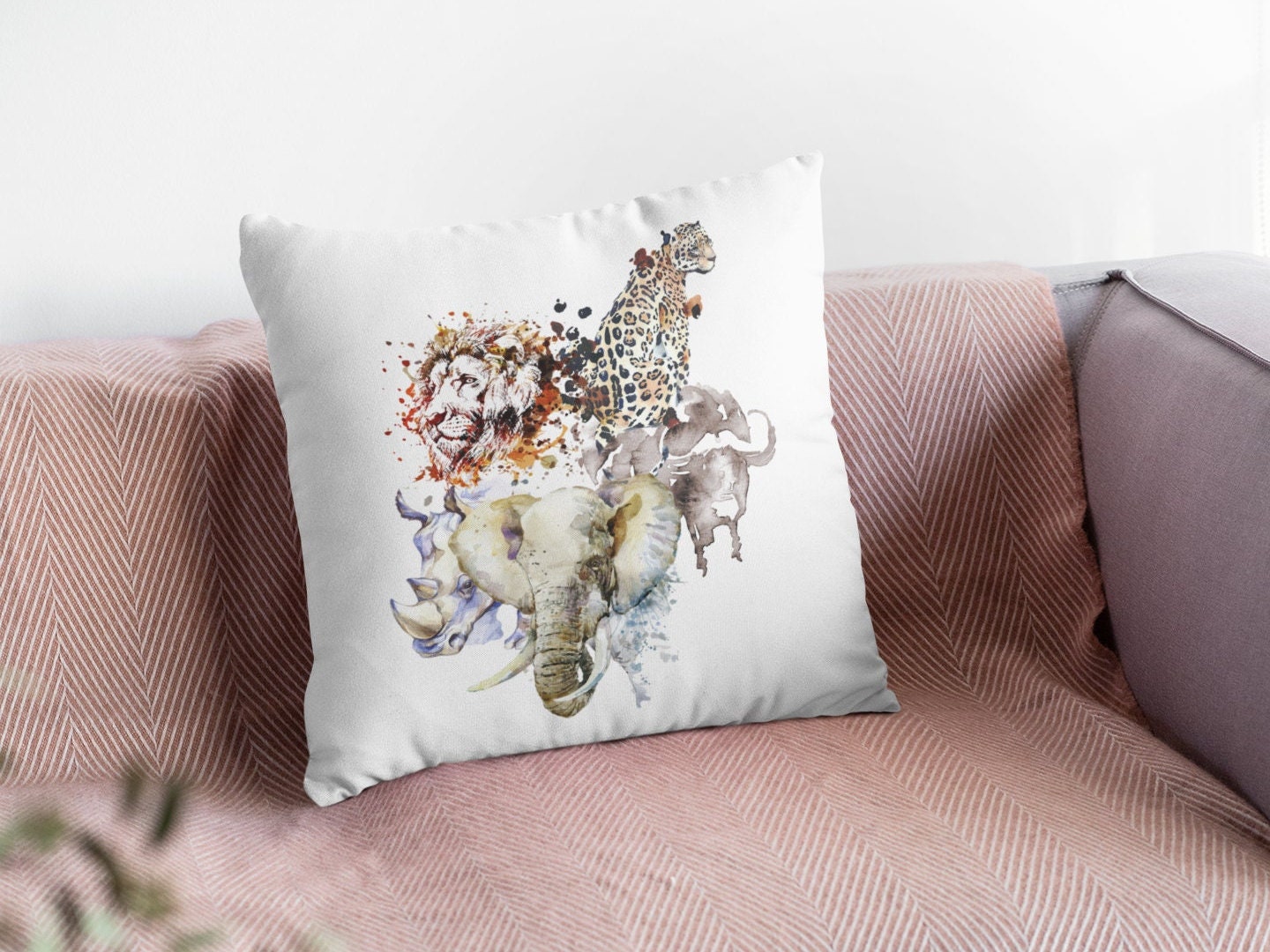 African Big 5 animals plush white deluxe scatter cushion. Soft feel plush cushion.