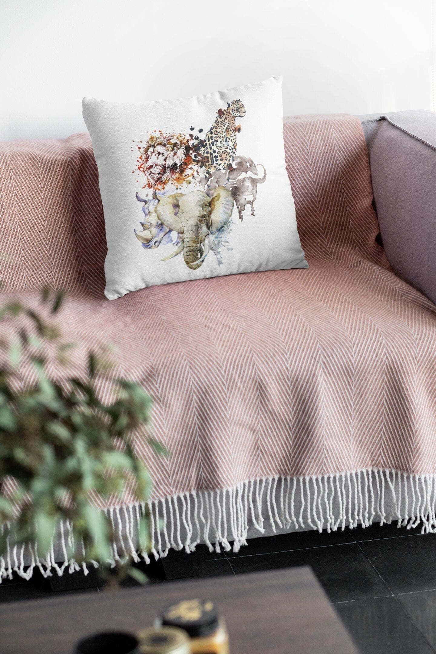 African Big 5 animals plush white deluxe scatter cushion. Soft feel plush cushion.