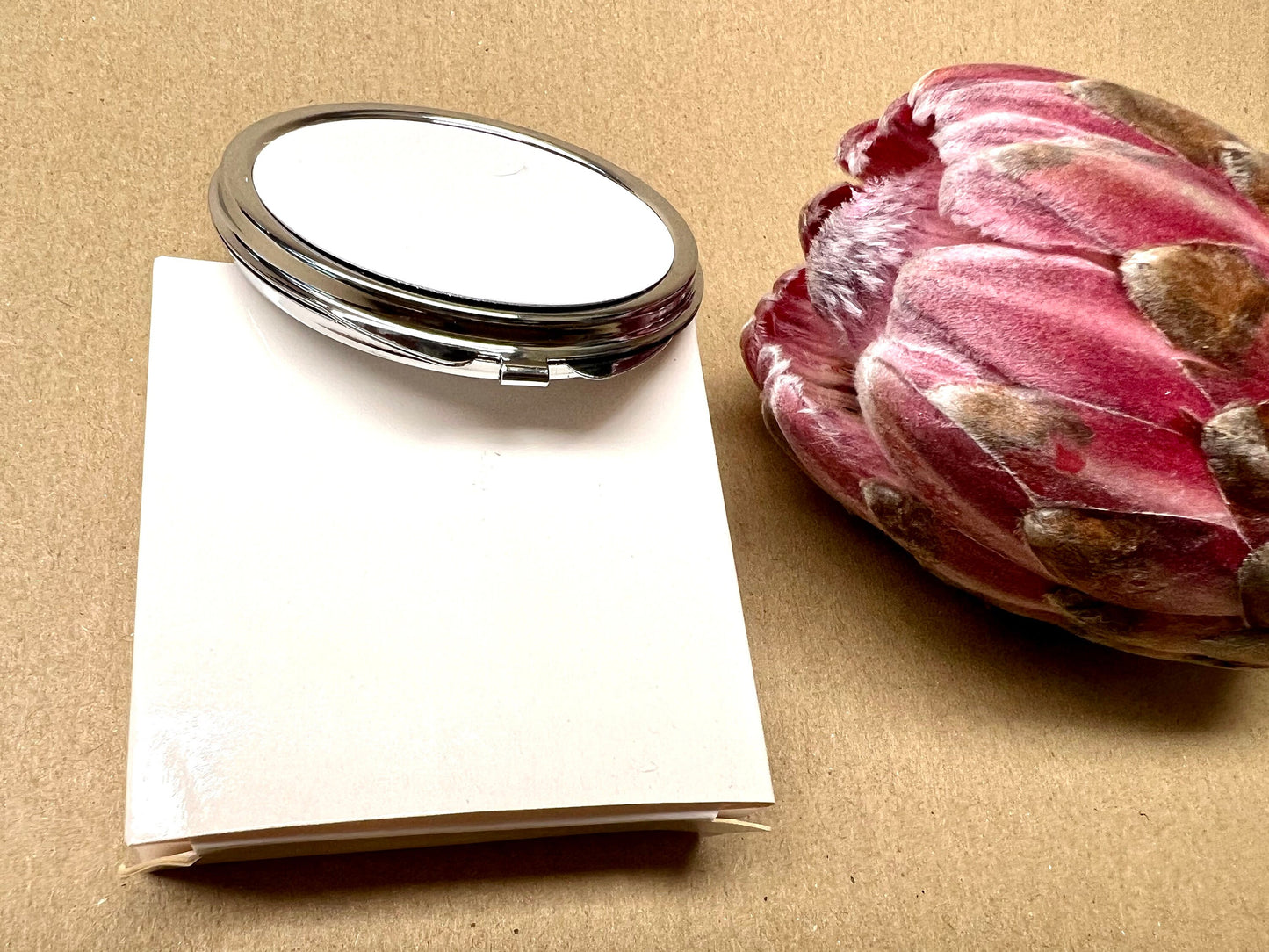 Small hand bag mirror with the motivational quote " In a world full of roses be a protea" Pink protea flower Inspirational Birthday gift