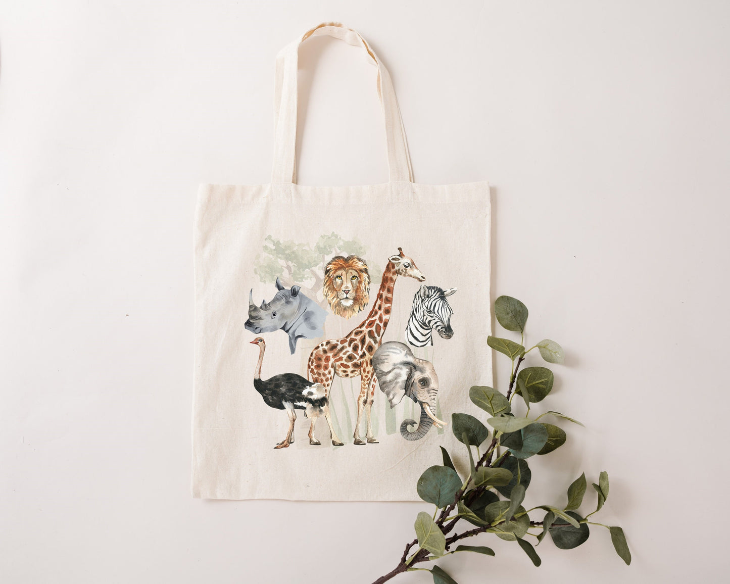 Safari tote bag, Giraffe, Elephant,Lion, Ostrich, Rhinoceros, Zebra, African Animals. South Africa reusable. Eco-friendly