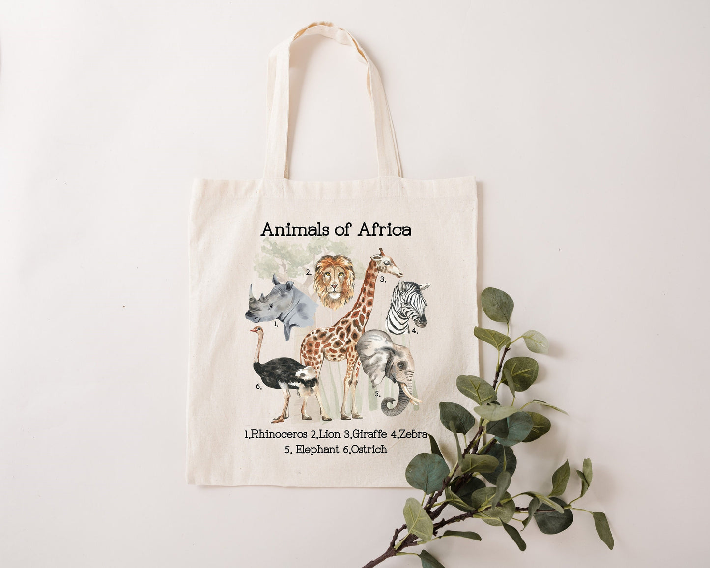 Safari tote bag, Giraffe, Elephant,Lion, Ostrich, Rhinoceros, Zebra, African Animals. South Africa reusable. Eco-friendly