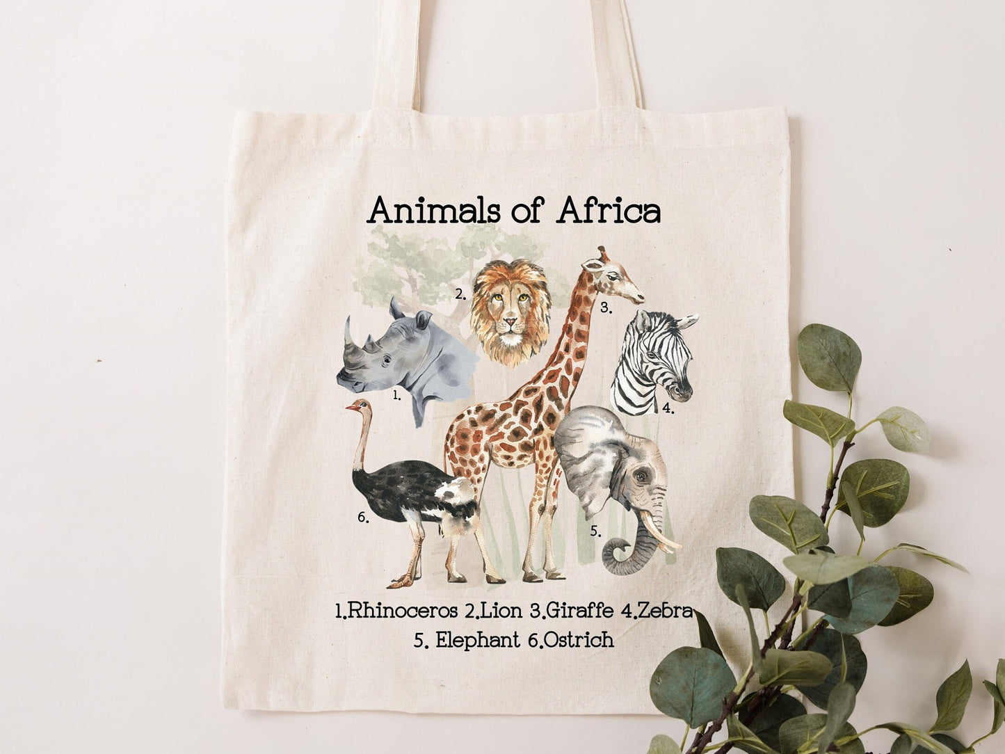 Safari tote bag, Giraffe, Elephant,Lion, Ostrich, Rhinoceros, Zebra, African Animals. South Africa reusable. Eco-friendly