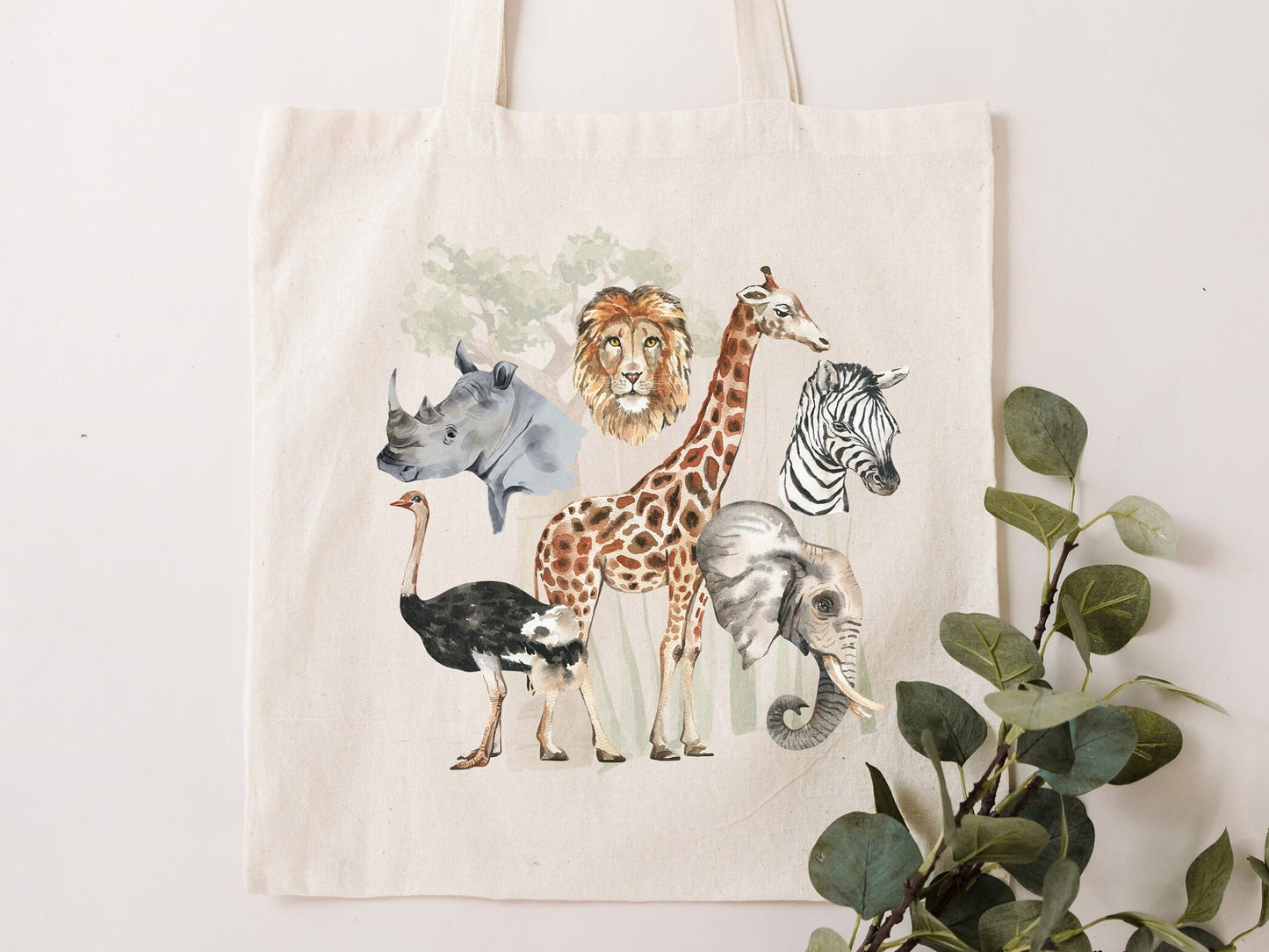 Safari tote bag, Giraffe, Elephant,Lion, Ostrich, Rhinoceros, Zebra, African Animals. South Africa reusable. Eco-friendly