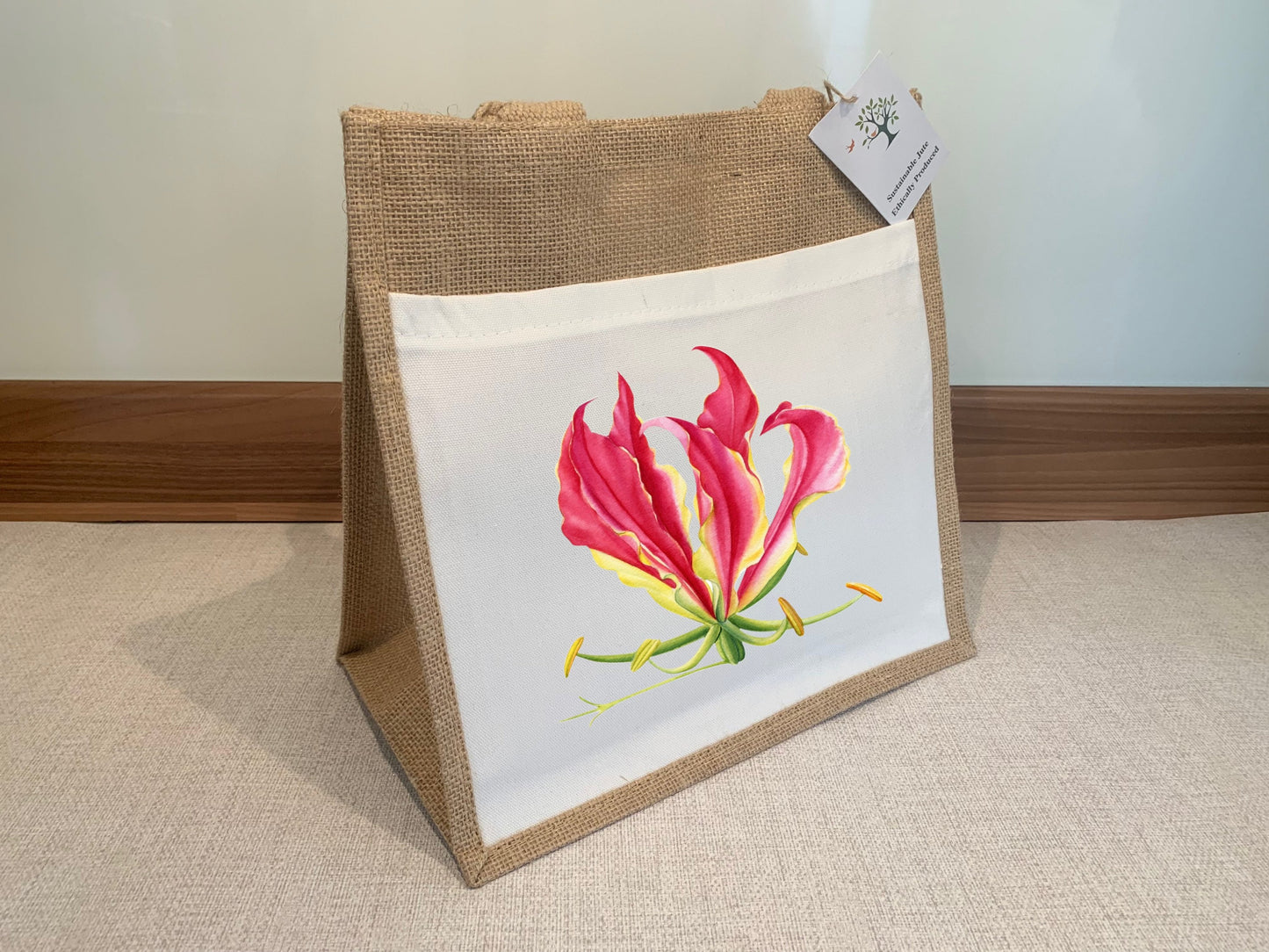 Flame lily Gloriosa Superba customised Jute Bag with fabric pocket Eco-friendly Hessian Burlap Tote Reusable Southern Africa Zimbabwe gift