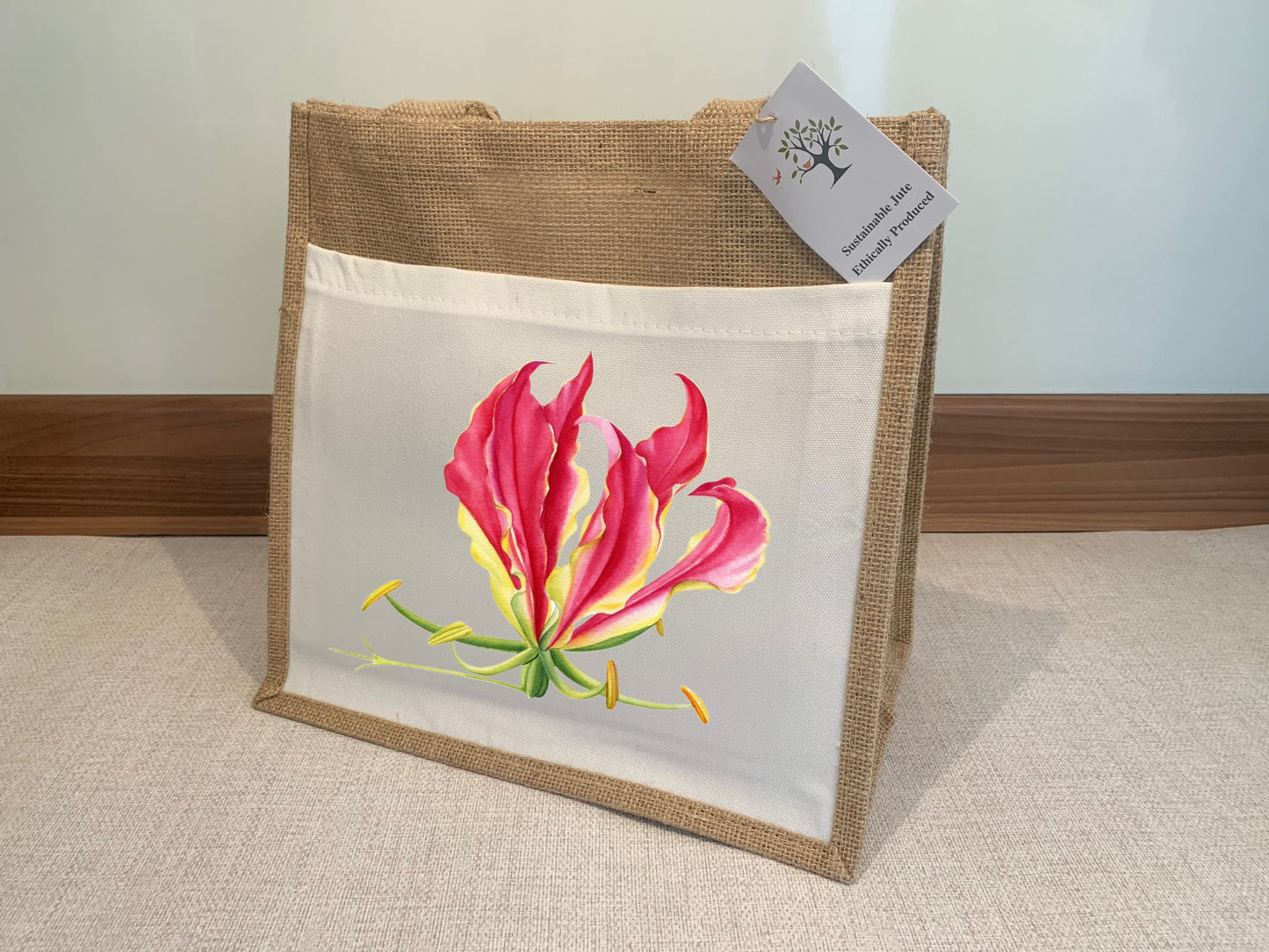 Flame lily Gloriosa Superba customised Jute Bag with fabric pocket Eco-friendly Hessian Burlap Tote Reusable Southern Africa Zimbabwe gift