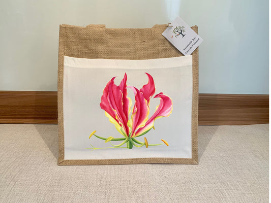 Flame lily Gloriosa Superba customised Jute Bag with fabric pocket Eco-friendly Hessian Burlap Tote Reusable Southern Africa Zimbabwe gift