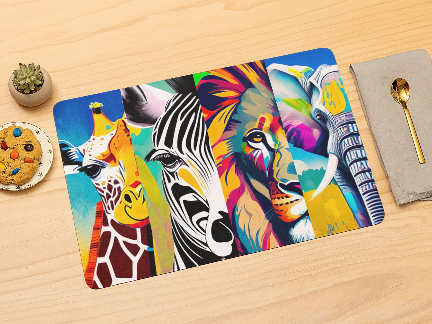 Safari African savannah jungle animal tablemat placemat wildlife gift bright colours elephant lion zebra giraffe