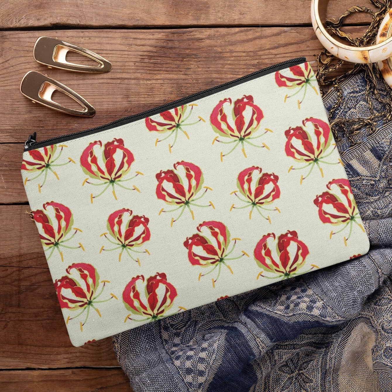 Flame Lily Cosmetics / pencil case. Gloriosa superba Zimbabwe. Brightly coloured Flame Lily printed on a linen cosmetics case.