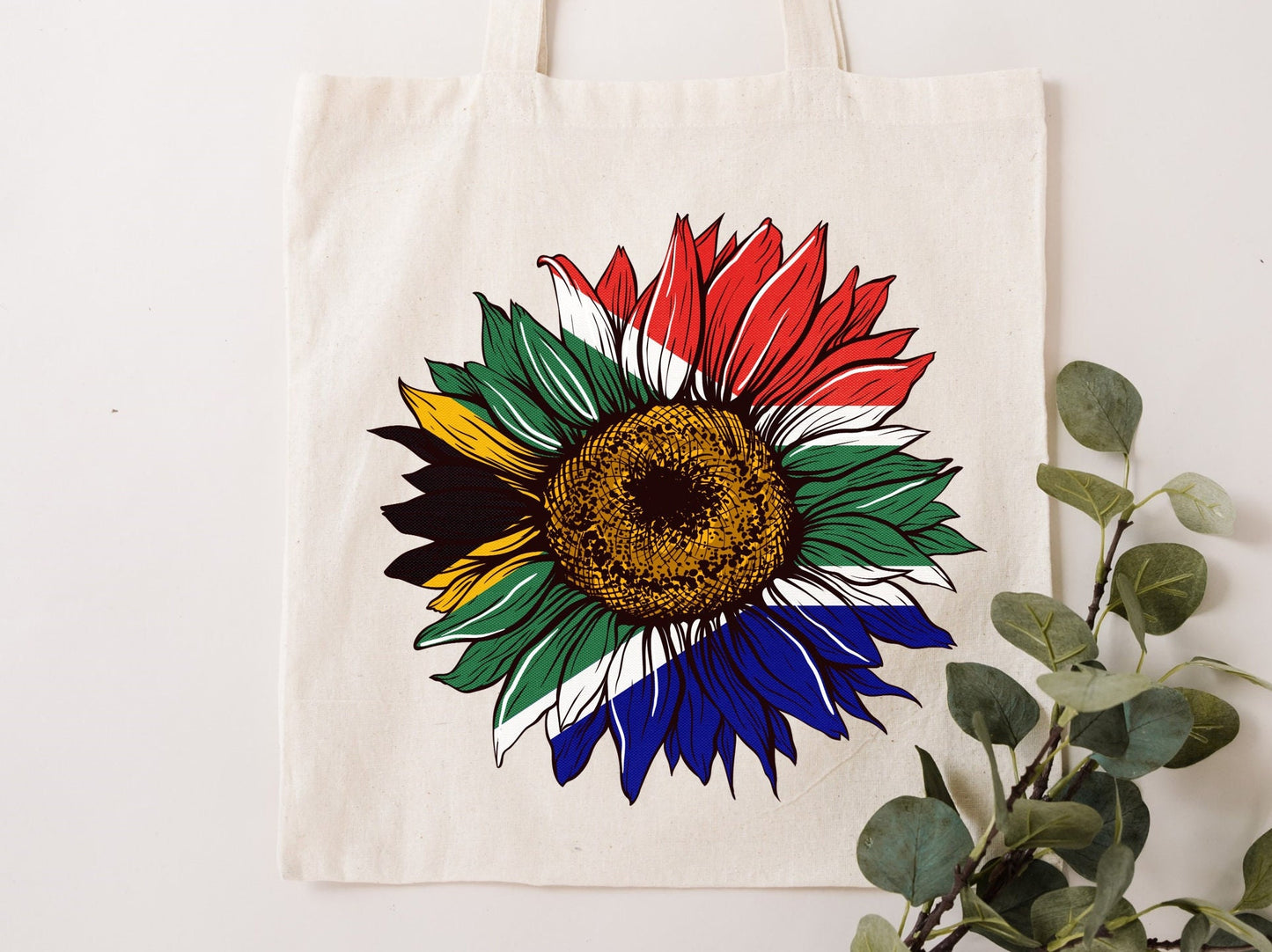 South Africa Rainbow Nation Sunflower reusable bag. Canvas Tote. Flag Art.