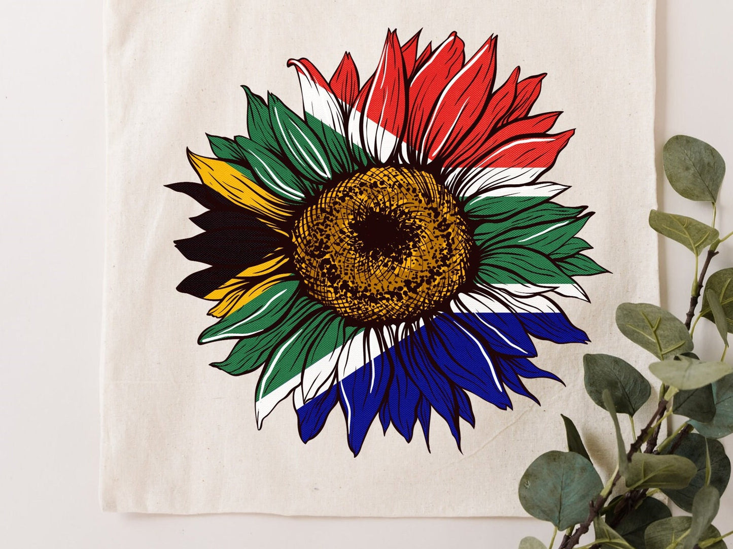 South Africa Rainbow Nation Sunflower reusable bag. Canvas Tote. Flag Art.