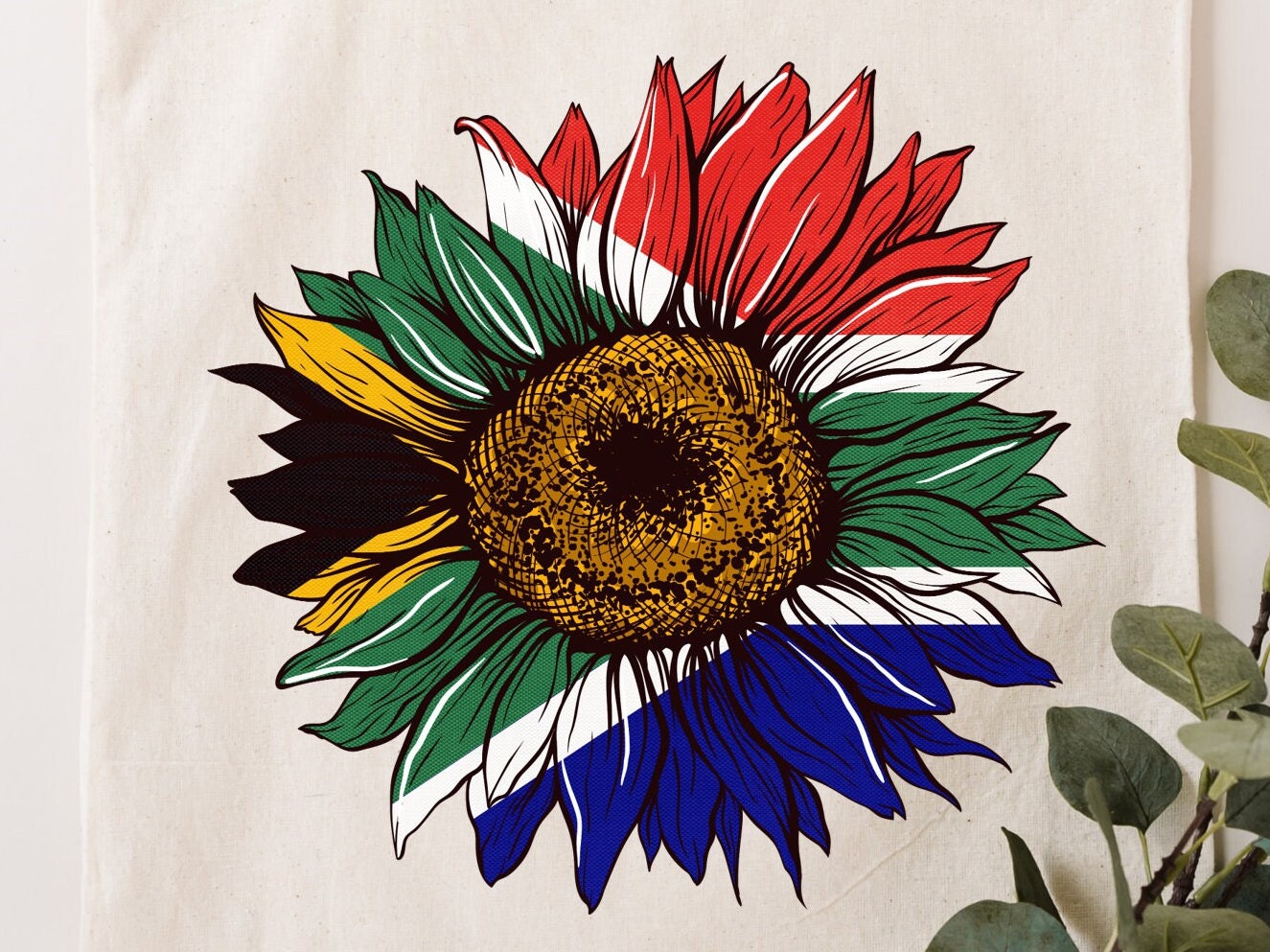 South Africa Rainbow Nation Sunflower reusable bag. Canvas Tote. Flag Art.