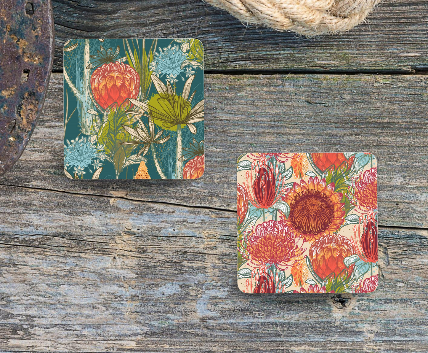 Set of 4 Coasters with Display Stand, South African/Southern African/Zimbabwe flowers coasters protea flame lily housewarming new home gift