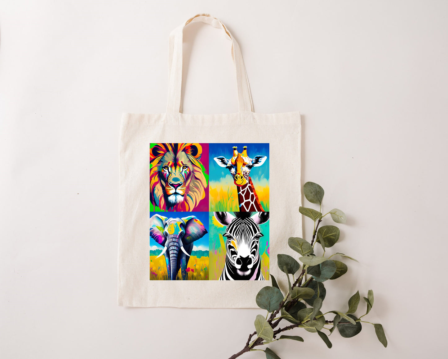 Safari African savannah jungle animal tote shopping bag wildlife gift bright colours elephant lion zebra giraffe  conservation wildlife