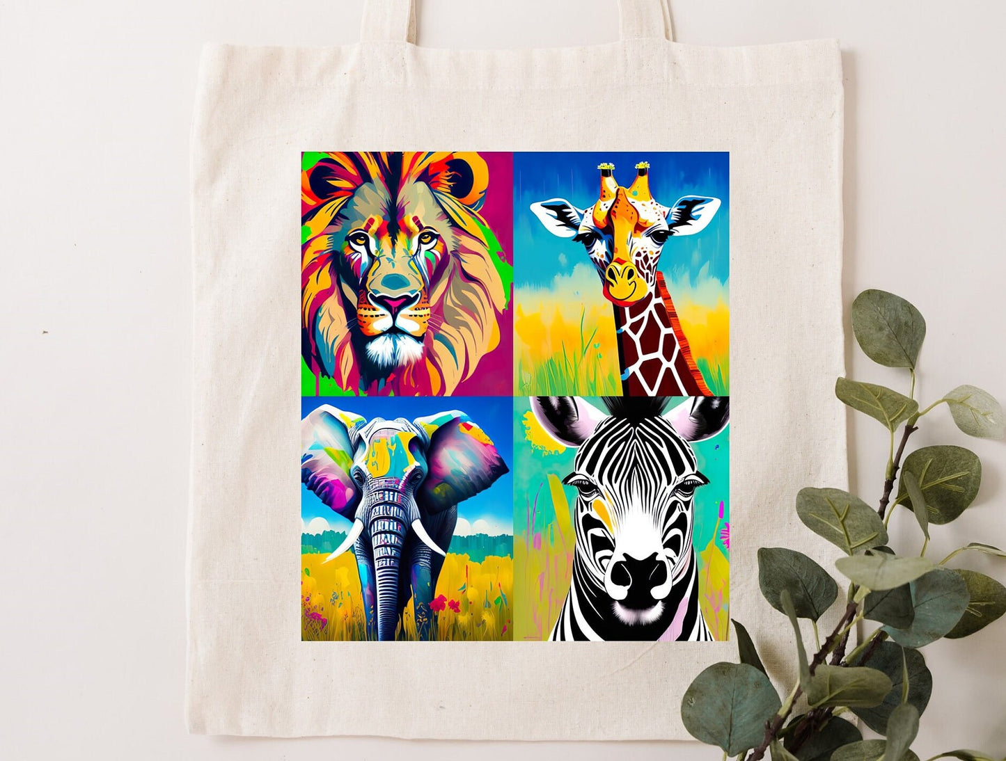 Safari African savannah jungle animal tote shopping bag wildlife gift bright colours elephant lion zebra giraffe  conservation wildlife