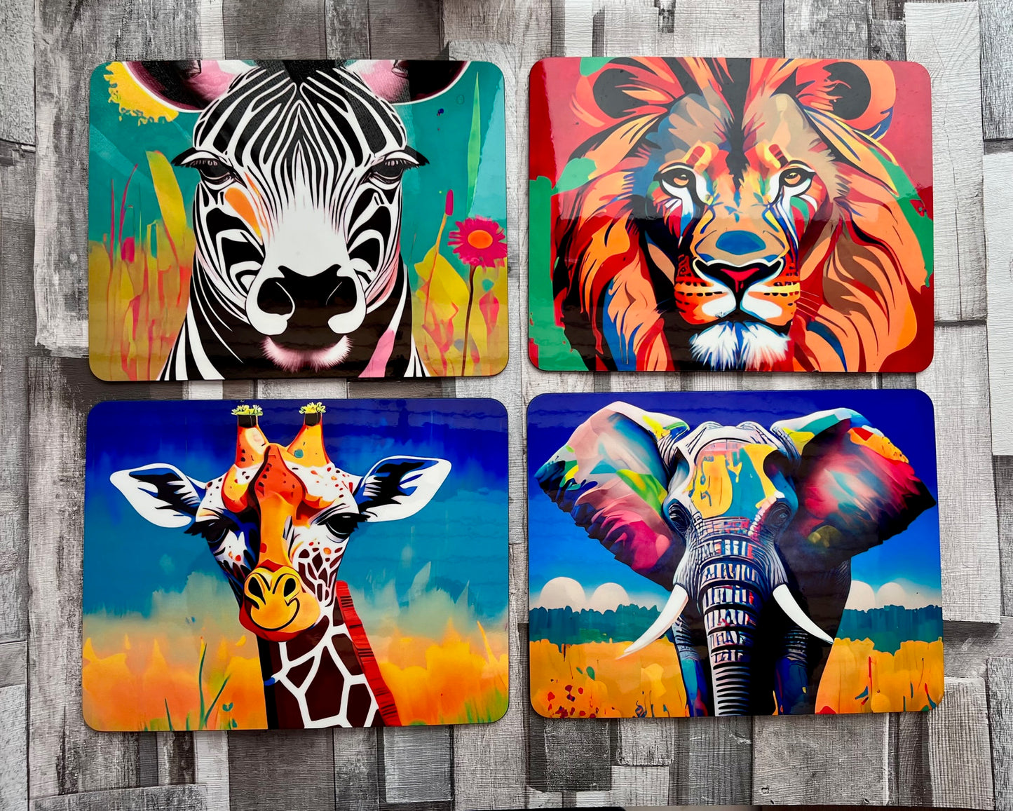 Set of 4 Safari African savannah jungle animal tablemat placemat wildlife gift bright colours elephant lion zebra giraffe place setting