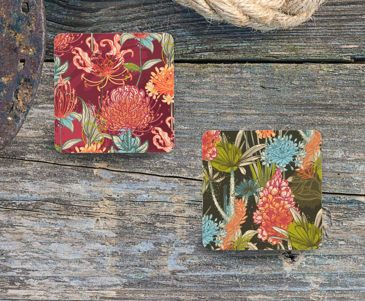 Set of 4 Coasters with Display Stand, South African/Southern African/Zimbabwe flowers coasters protea flame lily housewarming new home gift