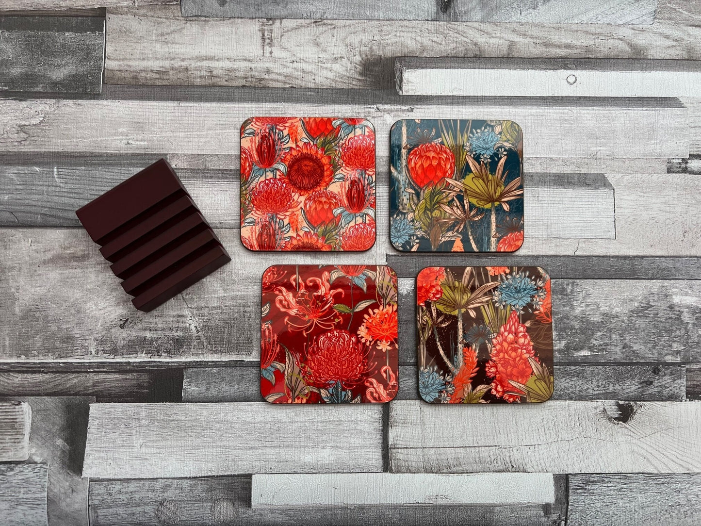 Set of 4 Coasters with Display Stand, South African/Southern African/Zimbabwe flowers coasters protea flame lily housewarming new home gift