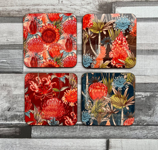 Set of 4 Coasters with Display Stand, South African/Southern African/Zimbabwe flowers coasters protea flame lily housewarming new home gift