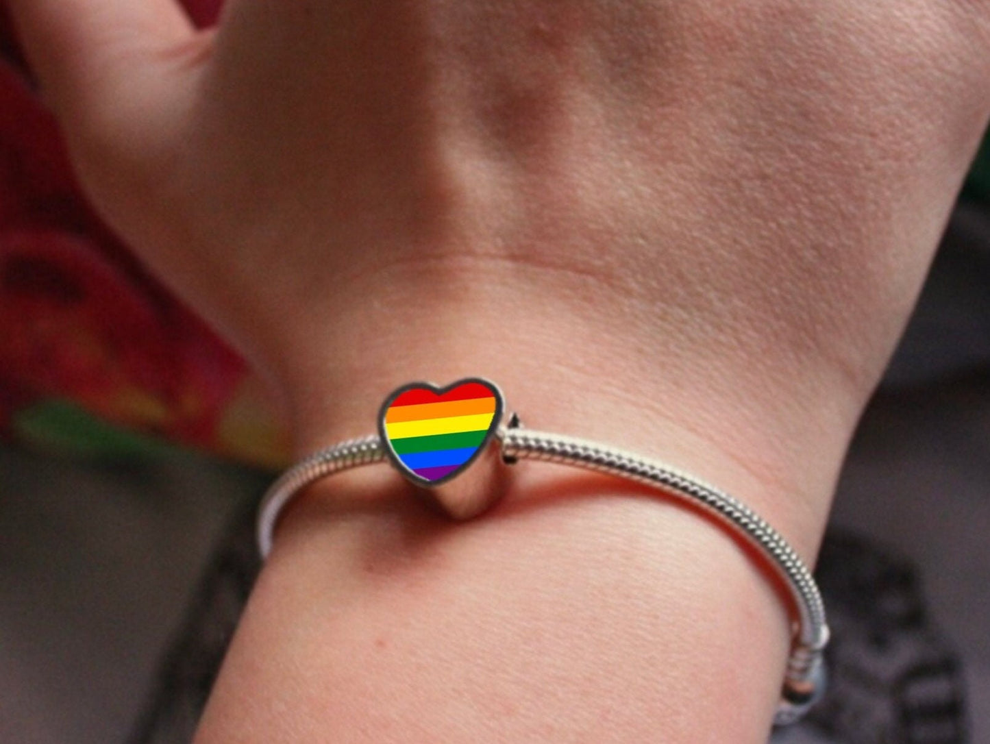 LGBTQ+ Pride heart charm bead. Your flag on a charm. Unique gift. Hand printed. Personalised charm. Valentine’s Day gift. Add on bead.