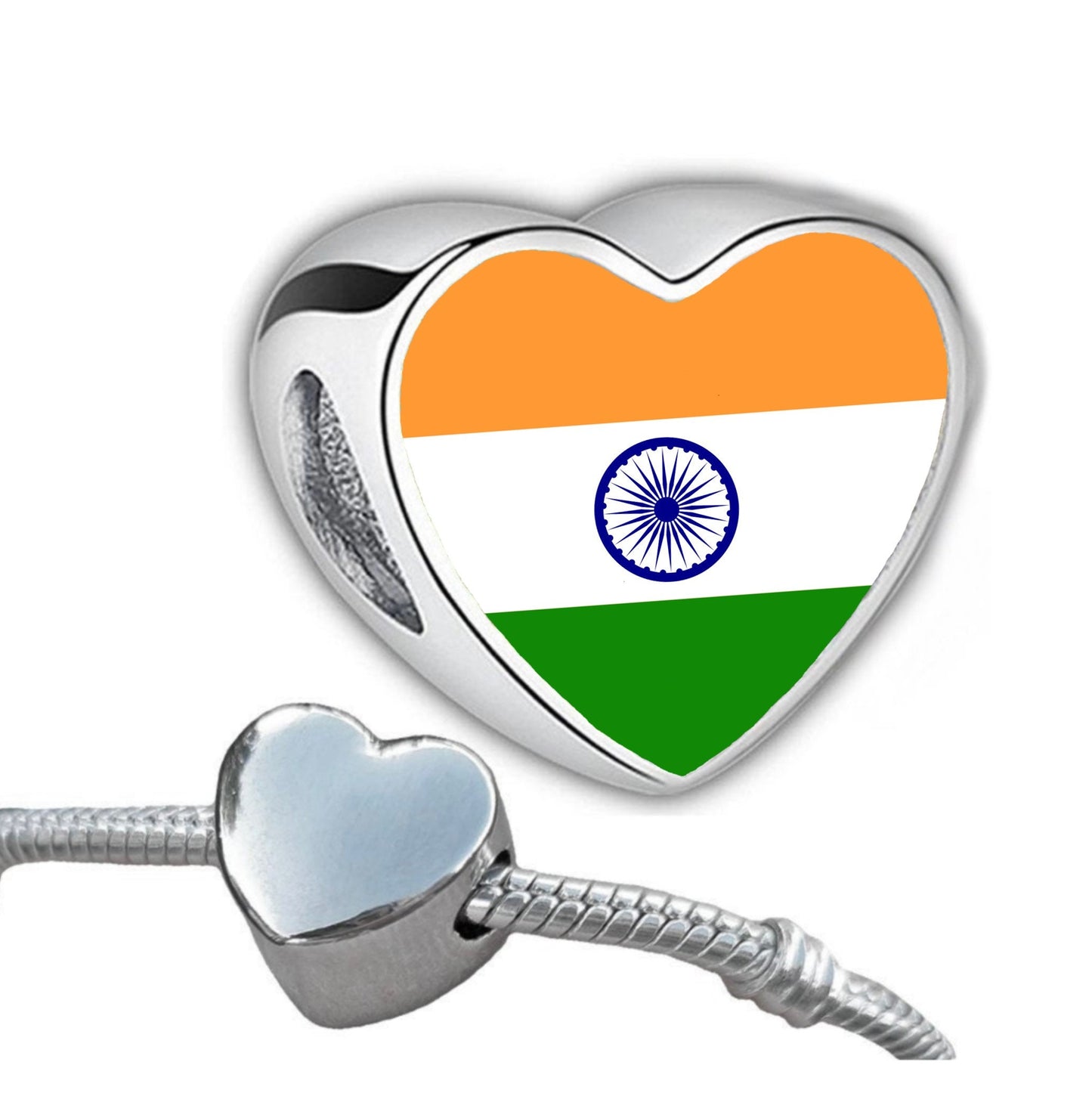 India heart shaped bracelet charm bead. Indian Flag personalised charm. Large hole bead charm. Valentine gift. Gift for mom mum.