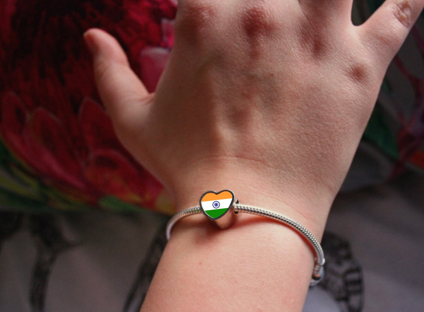 India heart shaped bracelet charm bead. Indian Flag personalised charm. Large hole bead charm. Valentine gift. Gift for mom mum.