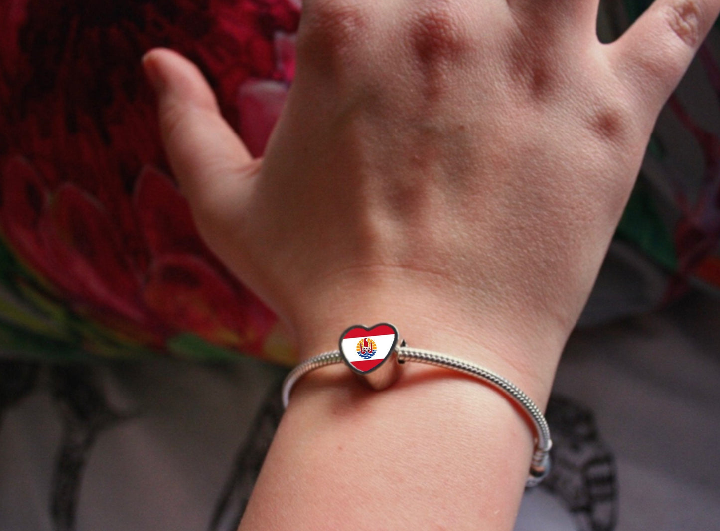 French Polynesia Polynesia flag heart shaped bracelet charm bead Personalised charm Add on charm large hole bead Valentine’s gift for mom