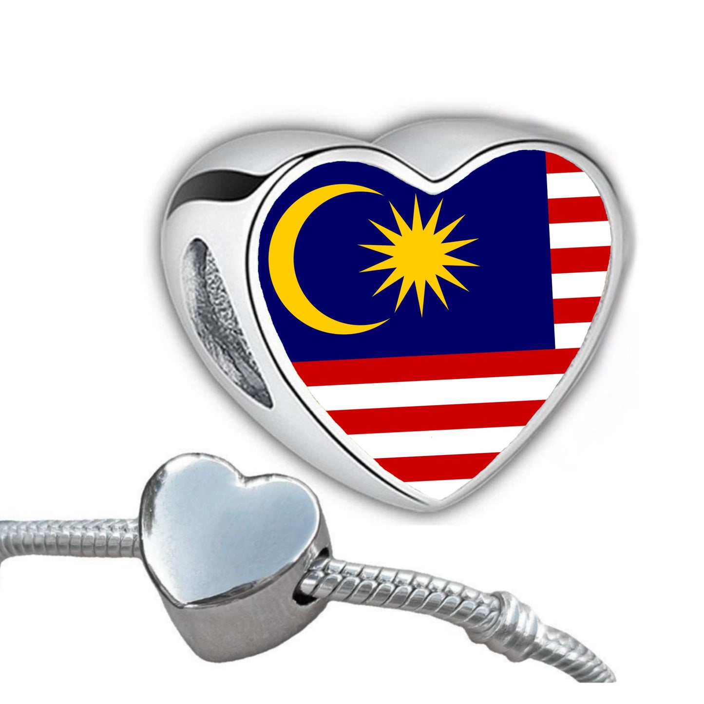 Malaysia Malaysian flag heart shaped bracelet stainless steel charm bead Personalised Add on Large hole bead Valentine’s gift for mom mum