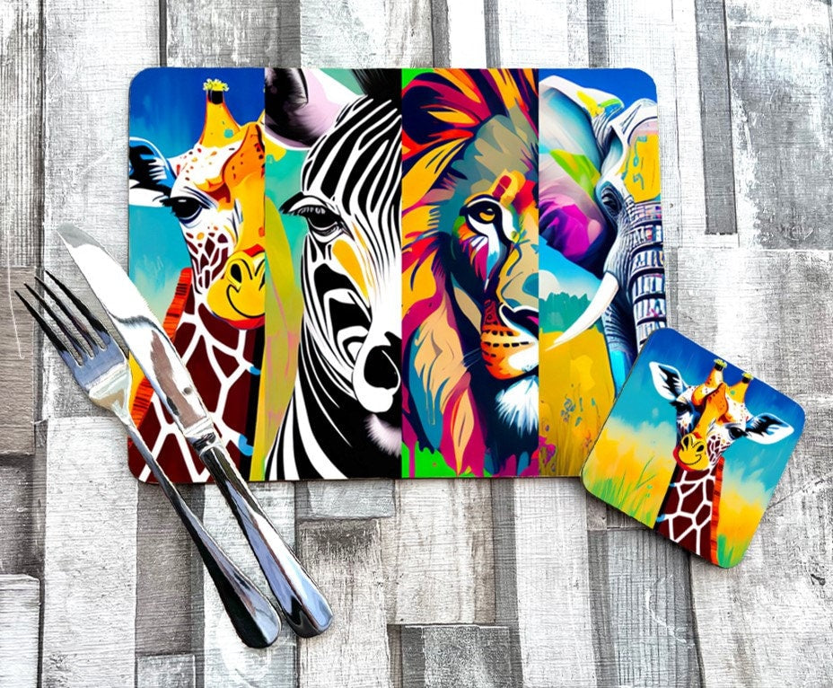 Safari African savannah jungle animal tablemat placemat wildlife gift bright colours elephant lion zebra giraffe