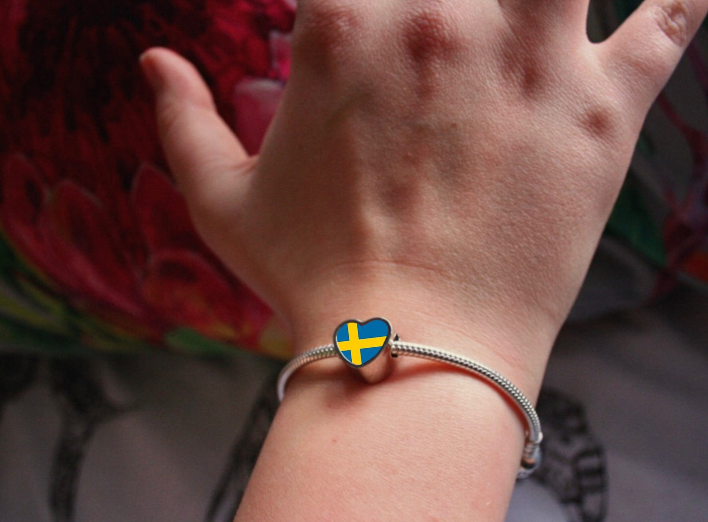 Sweden Swedish Flag heart charm bead  Flag Bead Personalised Charm. Add on bead.