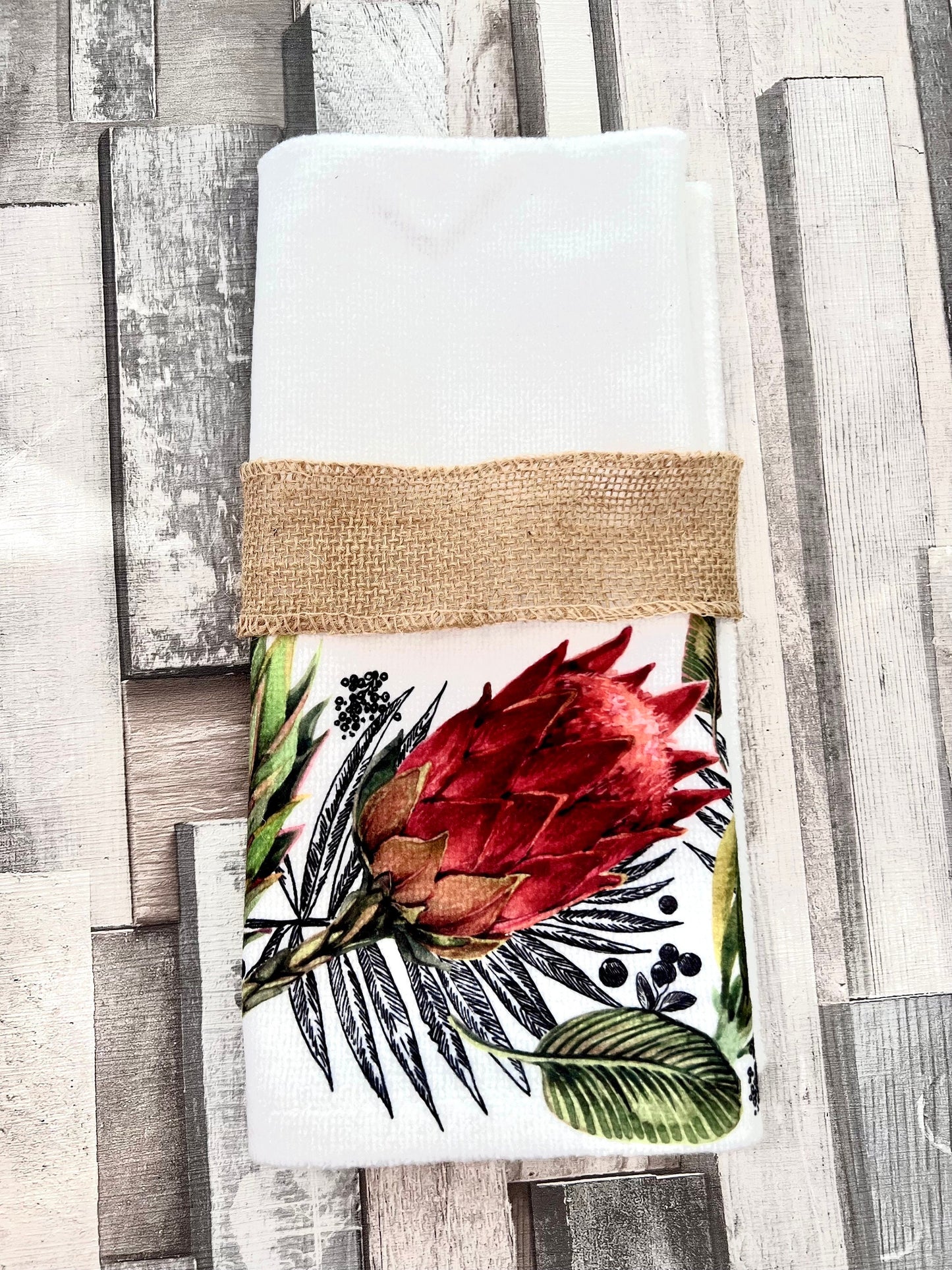 Kitchen Tea bar hand towel Protea South African flowers vintage floral housewarming bridal shower gift