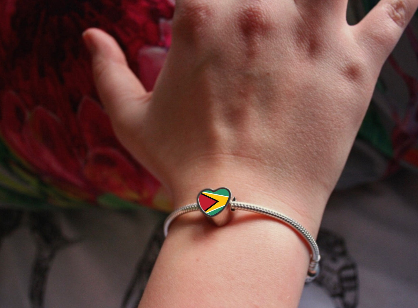 Guyana heart shaped bracelet charm bead. Add on bead. Bracelet charm. Flag bead.  Personalised charm. Guyana flag charm.