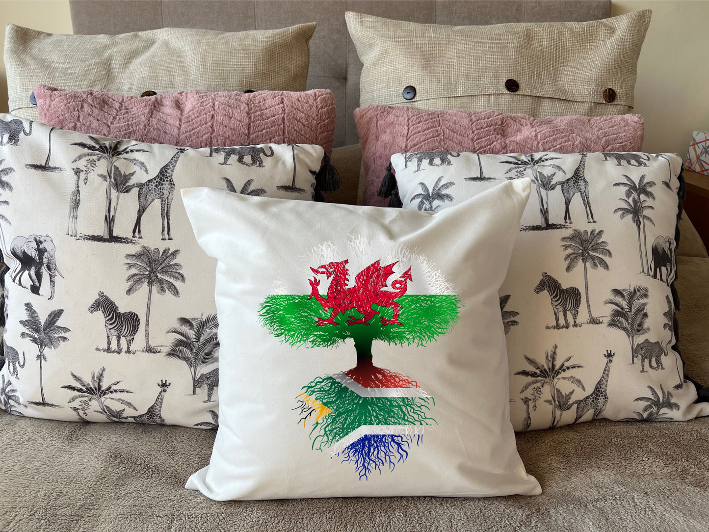 South African roots Flag Wales Welsh dragon Herritage housewarming new home country Immigration gift Family tree white cushion pillow