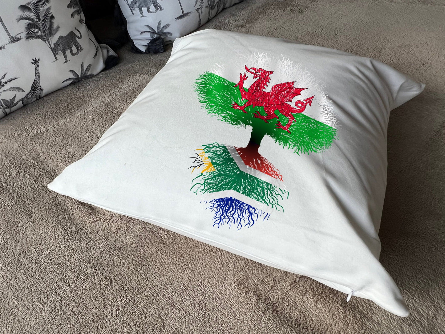 South African roots Flag Wales Welsh dragon Herritage housewarming new home country Immigration gift Family tree white cushion pillow