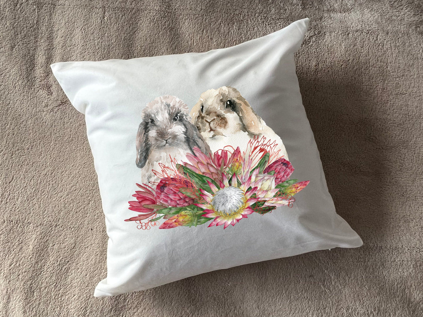 Proteas and Rabbits Bunnies plush white deluxe 'soft feel' scatter cushion. ( 40x40cm ) Easter cushion gift. Mother’s Day gift.Spring gift.