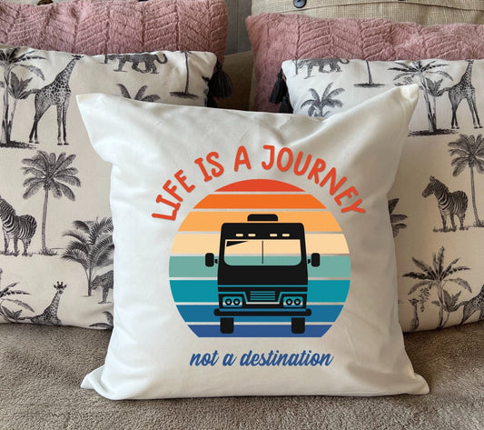 Life is a Journey, not a destination Motorhome, Camper-van or Caravan plush white deluxe 'soft feel' scatter cushion.