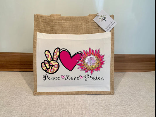 Peace Love Protea Jute Bag with fabric pocket. Eco-friendly Hessian Burlap Tote Reusable. Flag Art.