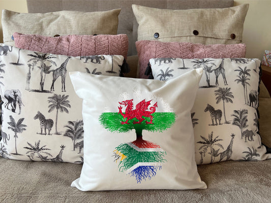 South African roots Flag Wales Welsh dragon Herritage housewarming new home country Immigration gift Family tree white cushion pillow