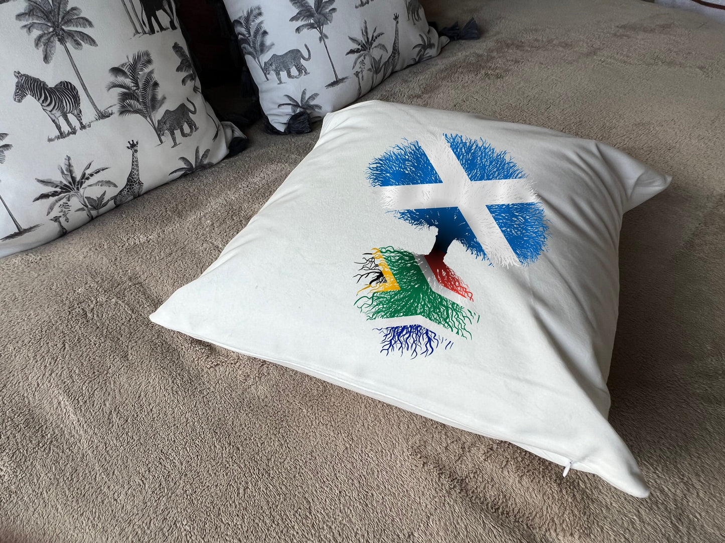 South African roots Flag Scotland Scottish Saltire Tree Herritage housewarming new home country Immigration gift Family white cushion pillow