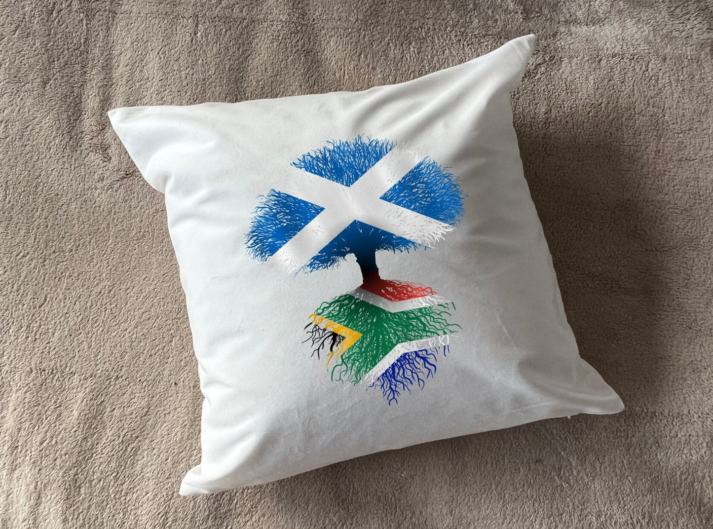 South African roots Flag Scotland Scottish Saltire Tree Herritage housewarming new home country Immigration gift Family white cushion pillow