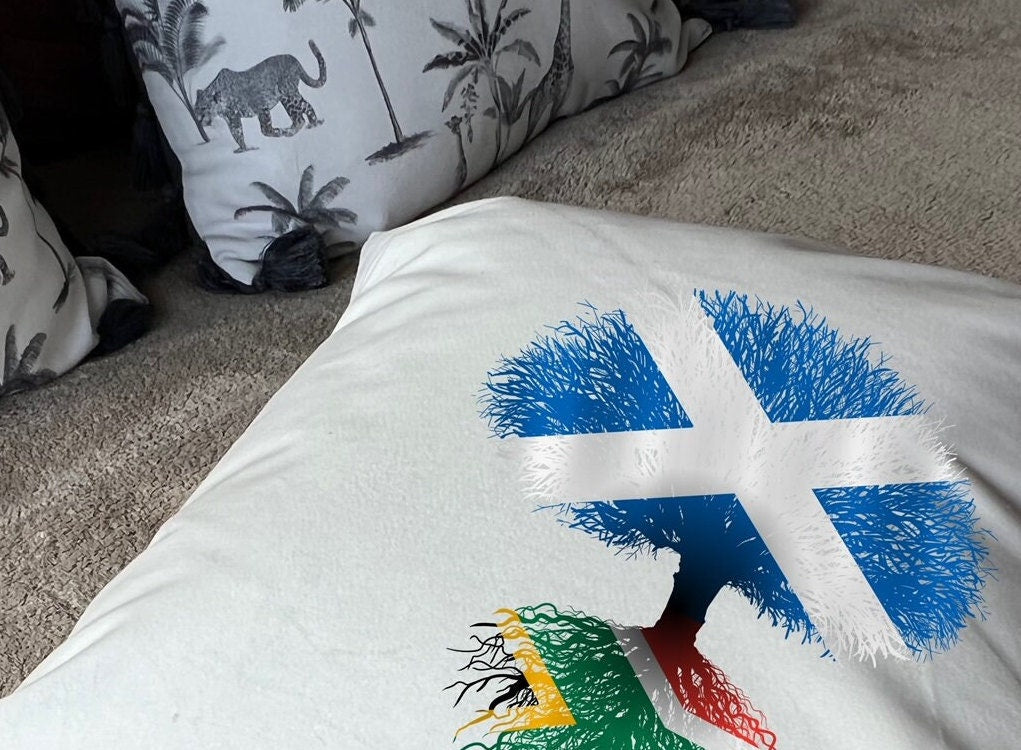 South African roots Flag Scotland Scottish Saltire Tree Herritage housewarming new home country Immigration gift Family white cushion pillow