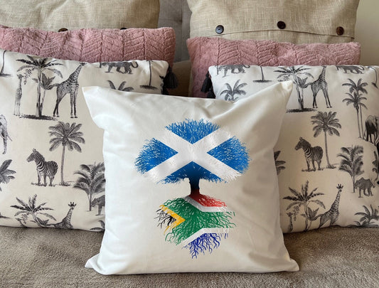 South African roots Flag Scotland Scottish Saltire Tree Herritage housewarming new home country Immigration gift Family white cushion pillow