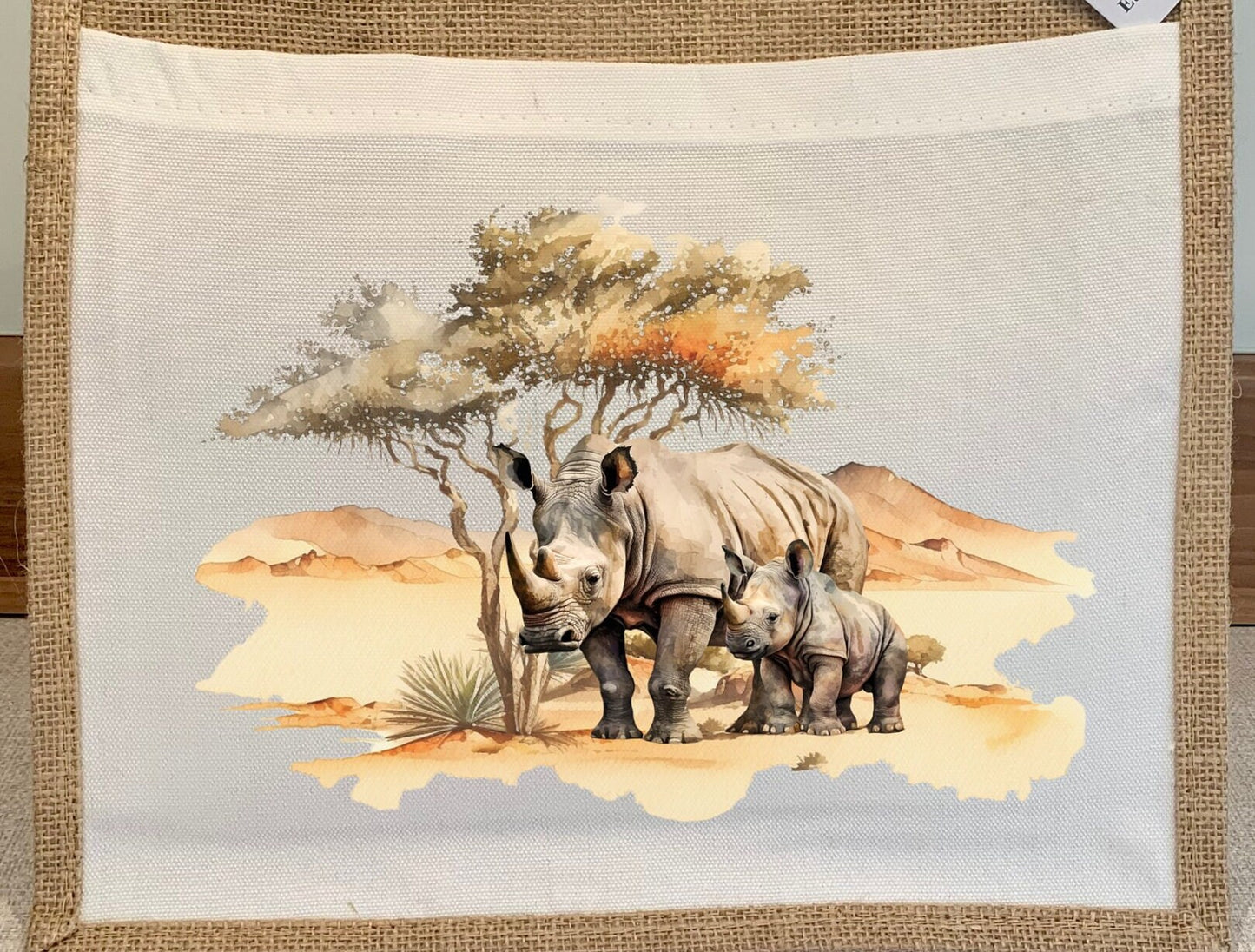 Rhinoceros rhino South African animals Big Five Jute Hessian Burlap tote Bag shopping gift mother's day conservation wildlife safari