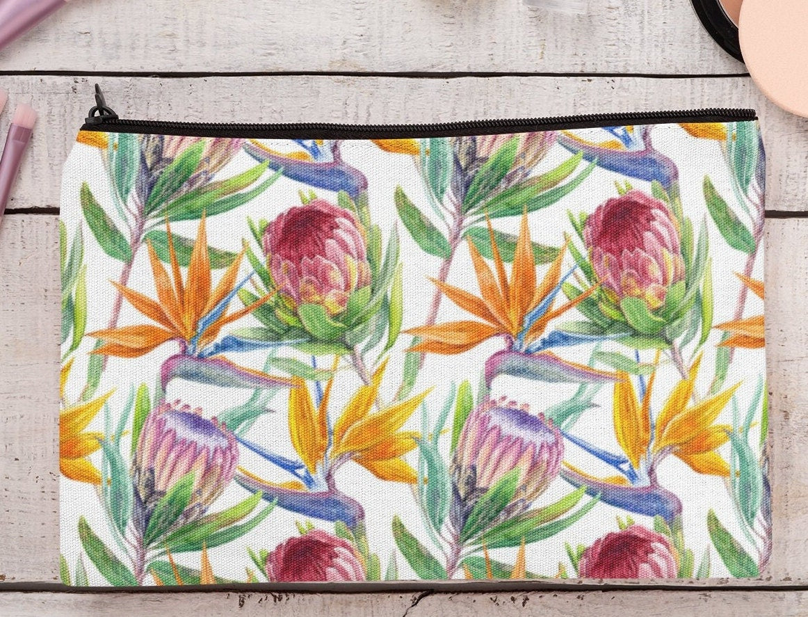 Protea and Strelitzia design linen cosmetics or pencil case