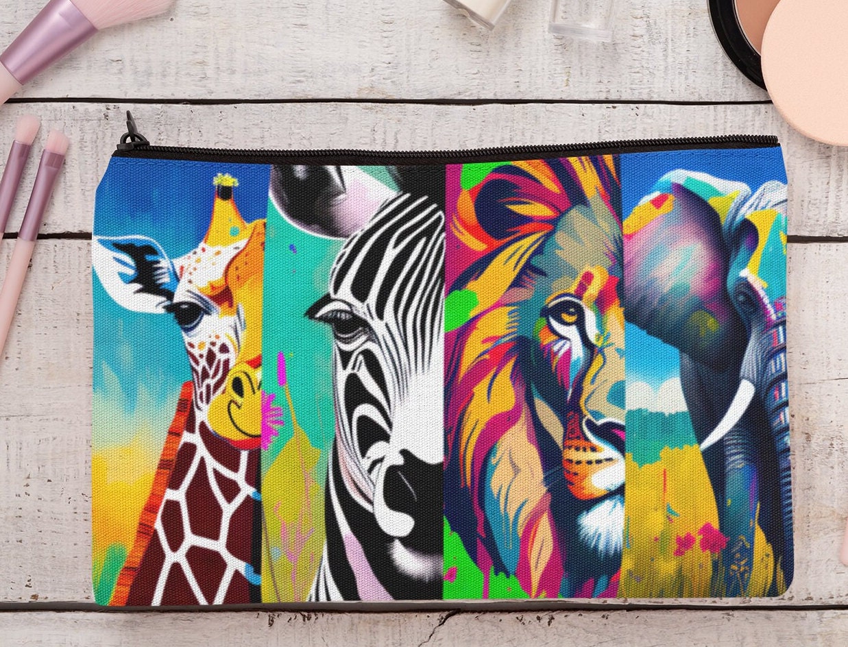 Safari African savannah jungle animal eco friendly cosmetics bag wildlife bright elephant lion zebra giraffe travel gift passport holder