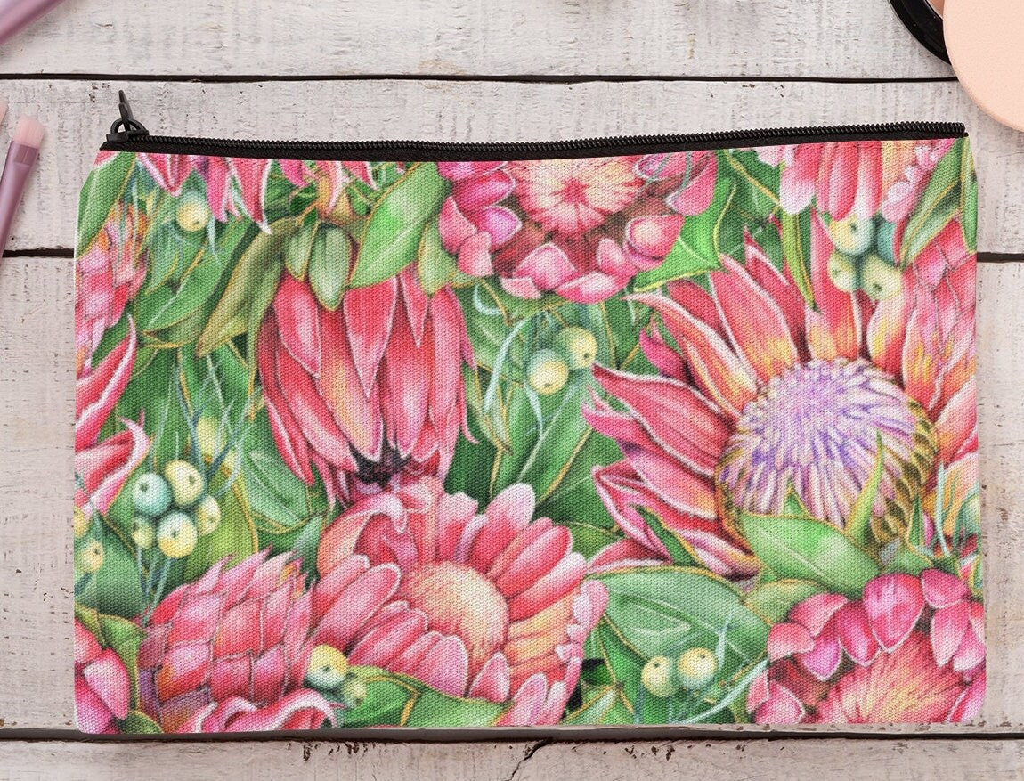 Linen Make up bag cosmetics pencil case with hot pink Protea design Zipped pouch.