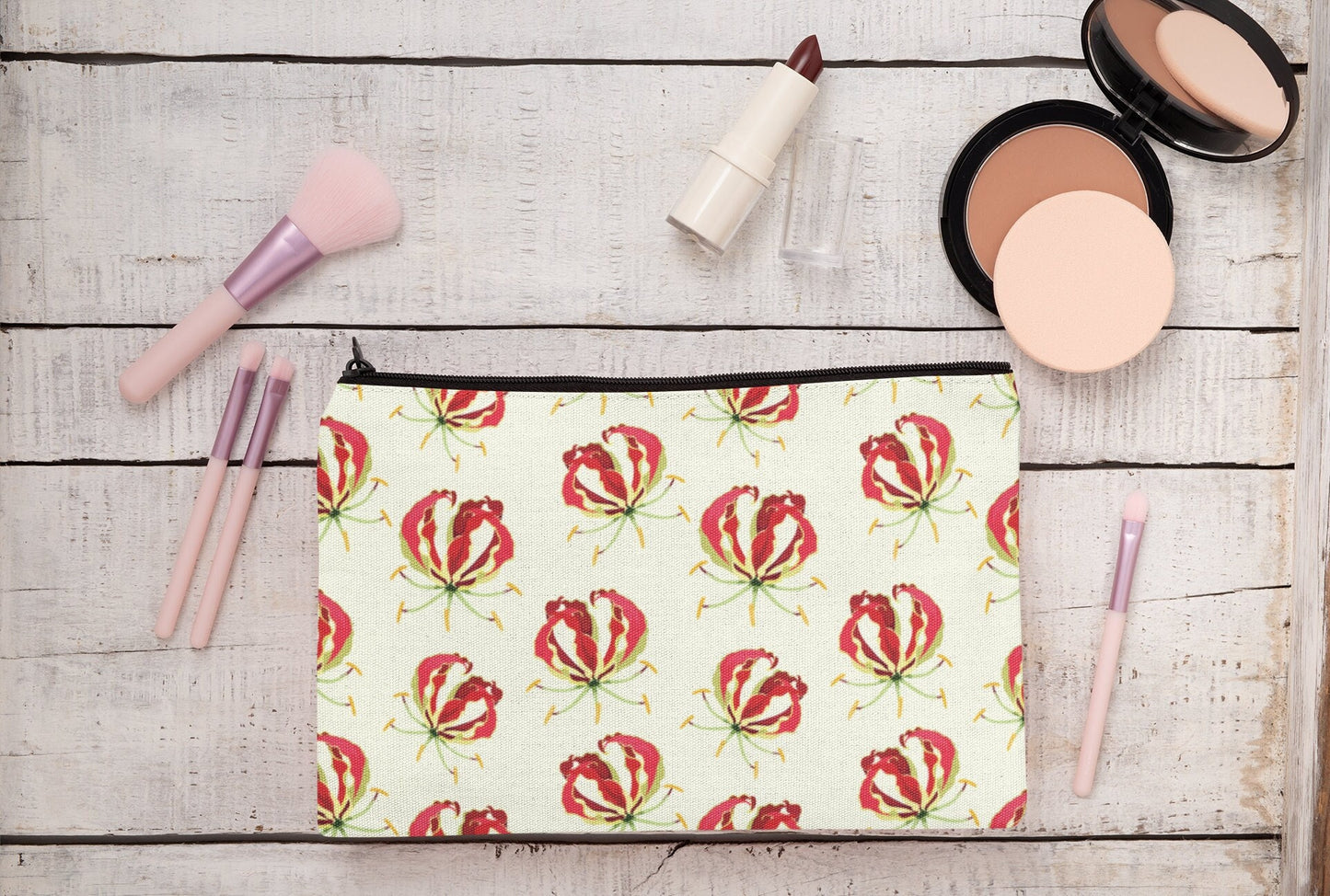 Flame Lily Cosmetics / pencil case. Gloriosa superba Zimbabwe. Brightly coloured Flame Lily printed on a linen cosmetics case.