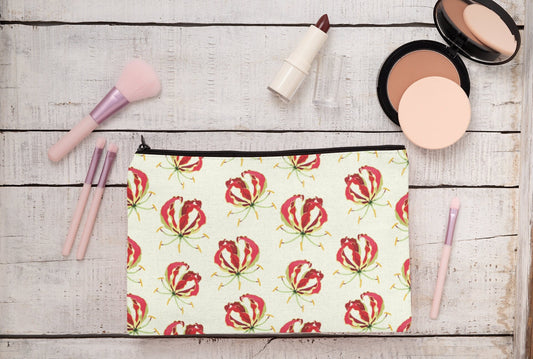 Flame Lily Cosmetics / pencil case. Gloriosa superba Zimbabwe. Brightly coloured Flame Lily printed on a linen cosmetics case.