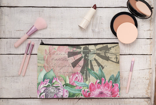 Make up bag Pencil case Karoo Windpomp and Protea design linen cosmetics or pencil case