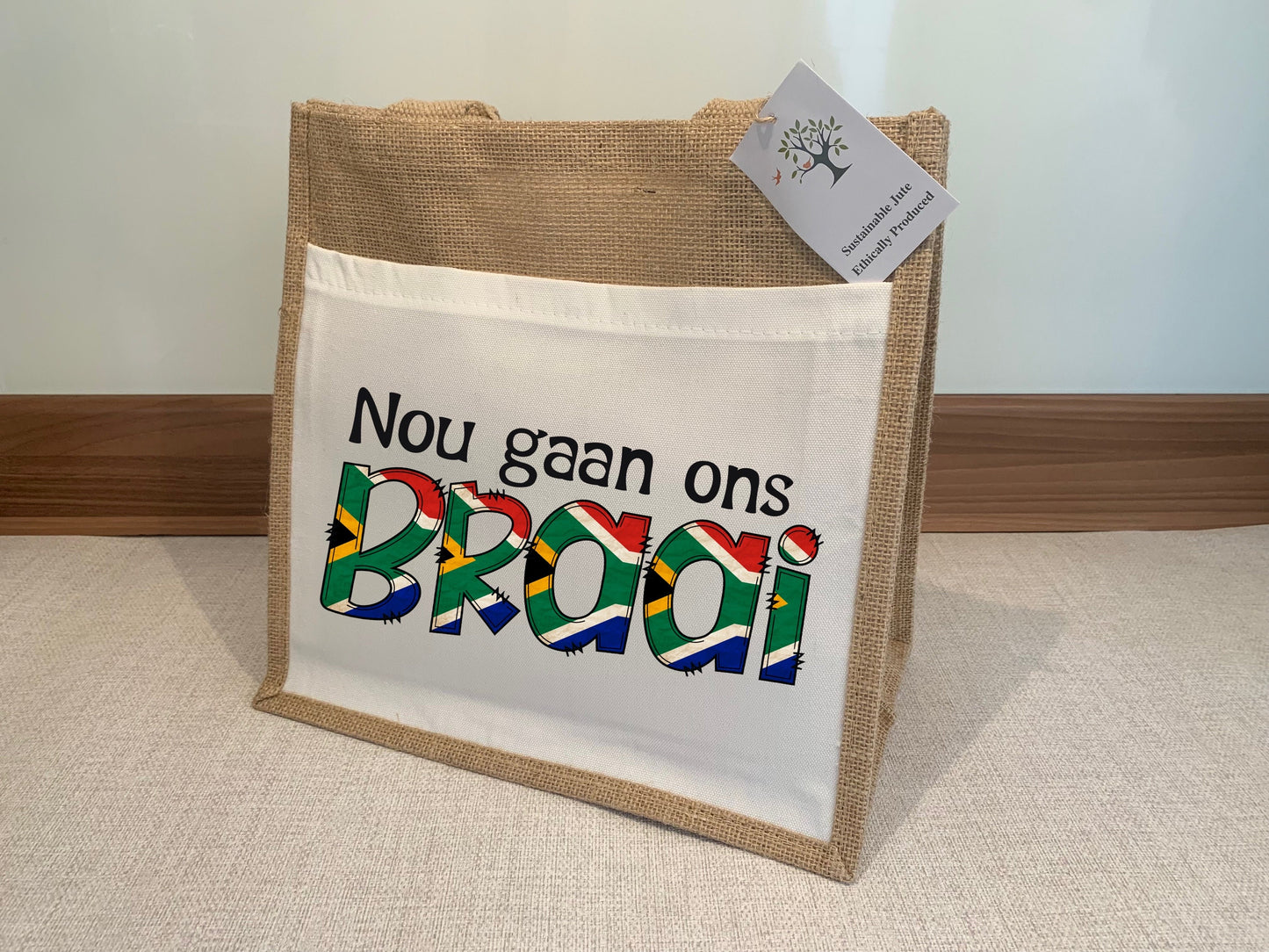 BBQ Braai South African flag Jute Hessian Burlap tote Bag Nou gaan ons slang shopping gift eco friedly reusable